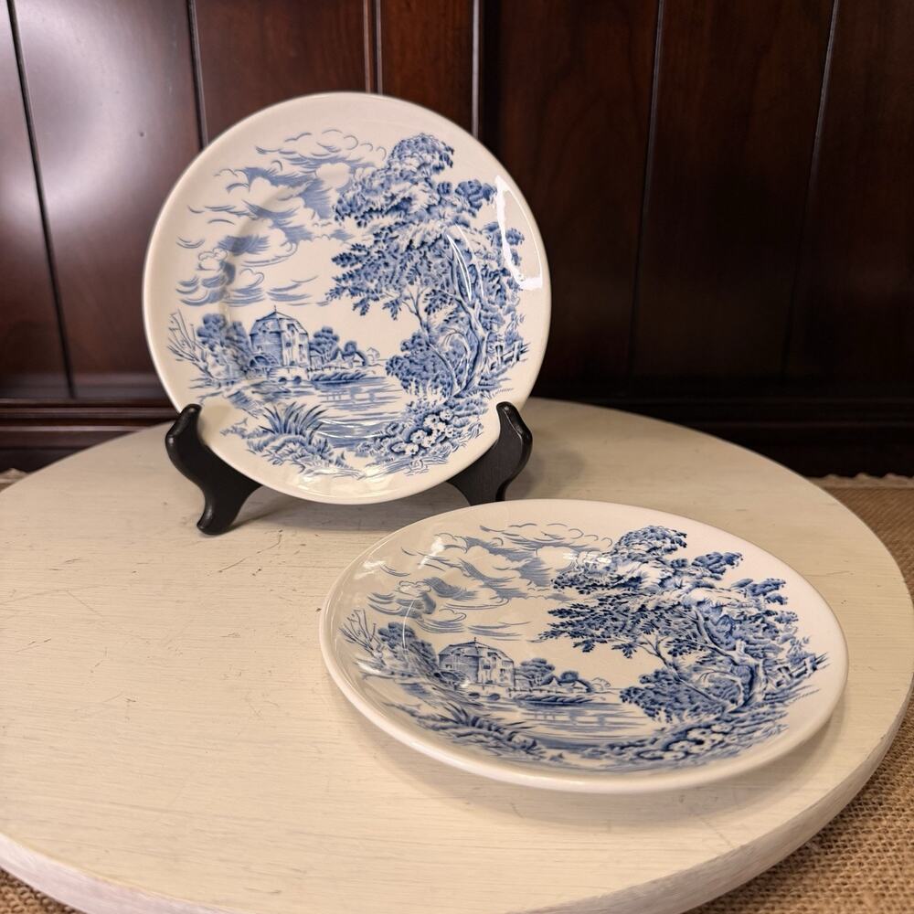 Set Of 2 Vintage England WEDGWOOD Enoch Blue & White Countryside 5-3/4” Saucers